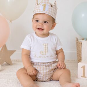 Pack de cumpleaños con corona, cubrepañal y camiseta vichy varios colores
