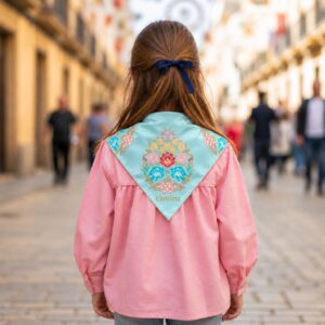 Niña con pañuelo floral en calle urbana
